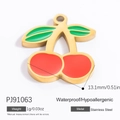 Golden stainless steel cherry pendant with red and green enamel, size 13.1mm - Red Green Enamel Gold Cherry Pendant Only (Without Chain) (PJ91063)