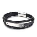 Pulsera multicapa de cuero negro para hombre con placa de metal plateado y cierre magnético - Color Acero