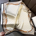 70cm square silk scarf with beige Triomphe print and brown border on leather background - 70*70cm / 30213-Coffee Triomphe Pattern