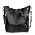 Black PU leather hobo bag with silver rivets and metal chain strap for women - Style 1 / Black