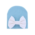 Light blue newborn knit hat featuring a large white bow decoration for infants - 0-6 Months / Blue & White