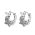 Silver double butterfly hoop earrings with sparkling cubic zirconia pave and polished finish - Double Butterfly Silver Hoop Earrings (白K M-682)