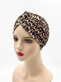 Fashionable knit turban hat featuring a classic brown leopard print and pleated twist design - One Size / Brown Leopard