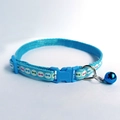 Sky blue nylon dog collar with colorful bone patterns and a matching small bell - Size S (2-6) / Blue (Collar)