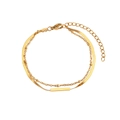 Detail of a double-layered gold stainless steel bracelet featuring a bar pendant and beads - Rectangle Plate Style (B0320)