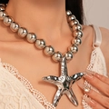 Silver beaded necklace with large starfish pendant for beach style seaside jewelry look - Silver Large Ball Bead Starfish Pendant Necklace