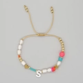 Adjustable beaded heart and star charm bracelet with letter S pearl and gold accents - Letter S Style (ZZ-B24061901S-F)