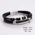 Mehrlagiges Herrenarmband aus schwarzem Leder mit silberner Kette, Länge 22 cm - Silberne Metallkette langes Paneel (Stil 11)
