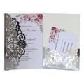 Ornate silver laser-cut wedding invitation with pink floral inner card and RSVP - Reflective Silver