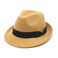 Classic camel wool fedora hat with black grosgrain ribbon and bow on white background - M (56-58cm) / Camel