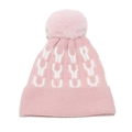 Berretto in maglia rosa e bianco con motivi geometrici, pompon in pelliccia e risvolto - M (56-58cm) / Rosa