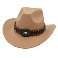 Chapeau de cowboy western camel avec ruban en cuir turquoise et boucle métallique fleurie - Enfants / Camel (Bande Décorative Florale)