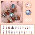 Unghie finte a quadri blu e marroni con cuori di cristallo e fiocchi eleganti - D999 (Stile Colla)