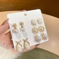 6-pair set of elegant gold-toned pearl earrings featuring geometric and classic designs - Pearl/Rhinestone/Letter Style (5# Silver Earring Post)