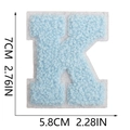 Detailed size view of blue chenille letter K patch with dimensions 7cm by 5.8cm - Letter K / Light Blue