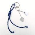 Adjustable dark blue braided rope keychain with silver badminton racket and white shuttlecock - Navy Rope + Badminton
