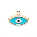 Macro shot of blue evil eye charm with golden alloy frame and enamel finish for DIY jewelry - 10pcs Blue Eyelash Evil Eye Alloy Pendants