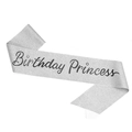 Silberne Glitzer Birthday Princess Schärpe mit schwarzer Schrift auf weißem Grund - Silber Schärpe (Einzeln)