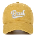 Macro detail of Dad embroidery on washed yellow cotton baseball cap with white stitching - Yellow (Dad)