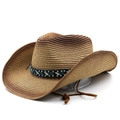Western gradient woven straw cowboy hat with beaded leather band and wind rope - M (56-58cm) / Khaki Coffee