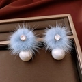 Detail of blue plush earrings with white pearl and sparkling rhinestone in warm setting - Blue Fur Ball Pearl Style (WE5257)
