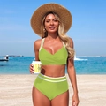 Detail of green two-piece bikini with white stripes and high waist cut on a beach - S / Green