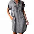 Elegant grey short sleeve denim shirt dress with button-down front and flap pockets - S / Gray