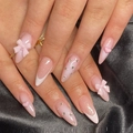 Pink and white stiletto press-on nails with glitter, crystal bows, and heart charms - Bz1504 Clever And Obedient / Jelly Glue + Nail File