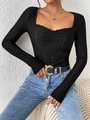 Women's black square neck long sleeve top with elegant hollow geometric texture knit - S / Black