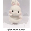 Cute white flocked rabbit figurine in lying pose with pink accents for desk decor - 3049 Laying Rabbit