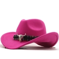 Detail of rose red western cowboy hat featuring silver bull head and colorful woven band - Rose Red