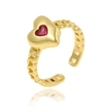 Detail view of a gold heart ring with pink gemstone and hollow chain band design - J-1410-Red Gold Heart Pink Zirconia Style