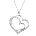 Macro shot of silver double heart pendant with sparkling rhinestones on twisted chain - One Necklace / Silver