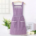 Purple and white checkered cotton apron with lace details and large front pockets - Purple (Straps Plaid Lace)