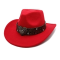 Close-up of red wool cowboy hat with heart-shaped rhinestone buckle on embossed band - M (56-58cm) / Red