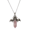 Gothic bat wing pendant necklace with pink hexagonal crystal pillar in silver finish - Rose Quartz Stainless Steel Chain