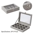 Gray velvet jewelry box with glass window for rings and earrings size 20x15x5cm - 12 Grids / Gray
