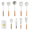 Set di 12 utensili da cucina in silicone bianco crema con manici in legno e contenitore - Set da 9 pezzi bianco