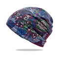 Blue slouchy beanie hat featuring colorful floral and feather bohemian print patterns - Blue Grey with Flower Pattern