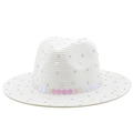 Dettaglio cappello di paglia bianco con paillettes sfumate, strass e perle applicate - M (56-58cm) / Bianco Puro