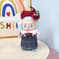 Labubu plush in blue denim overalls and red bow tie accessory for art toy dolls - Denim Outfit / First And Second Generation Keychains Are Compatible With La Cloth Dolls. Dolls Not Included.