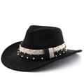 Cappello fedora nero a tesa larga con doppie fasce decorative di perle e strass brillanti - M (56-58cm) / Nero