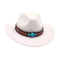 White Western cowboy hat for kids featuring a brown leather band and turquoise studs - White
