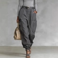 Deep grey high-waisted cargo pants featuring wide legs and multi-pocket utility design - Gray