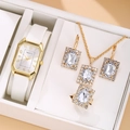 Close-up of elegant gold watch and rhinestone jewelry set in a white gift box - White Square Rhinestone 4-Piece Jewelry Set