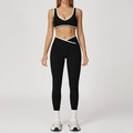 Women's black yoga set with white trim featuring U-neck top and high waist leggings - S / Top And Bottom (Bra + Long Pants) / Premium Black