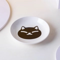 White ceramic elevated cat food dish featuring a cute black cartoon kitten face - Single Squinting Cat Dish / No Stand