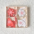 Red and white wooden snowflake and bell ornaments set in a wooden tray on plush background - Bell Snowflake-5CM-20Pcs