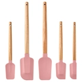 5-piece pink silicone spatula set with wooden handles for baking on white background - Pink 5-Piece Set