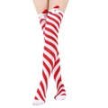 Detail of red and white striped over-knee Christmas socks with plush Santa Claus ornament - One Size / Red and White Diagonal Stripes/Santa Head Doll